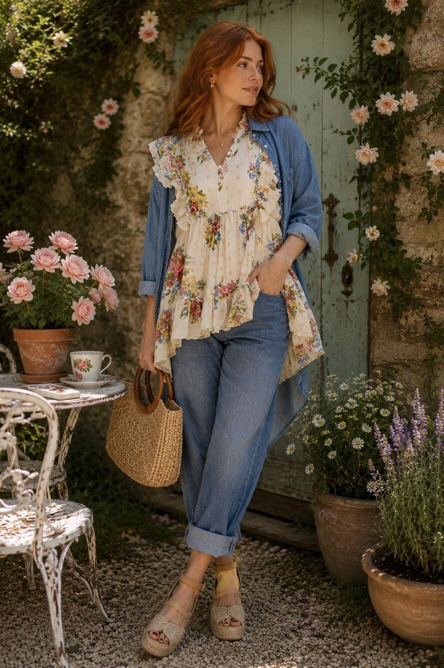 Love The Label M Floral Cotton Ruffle Babydoll Tunic Blouse Boho Romantic